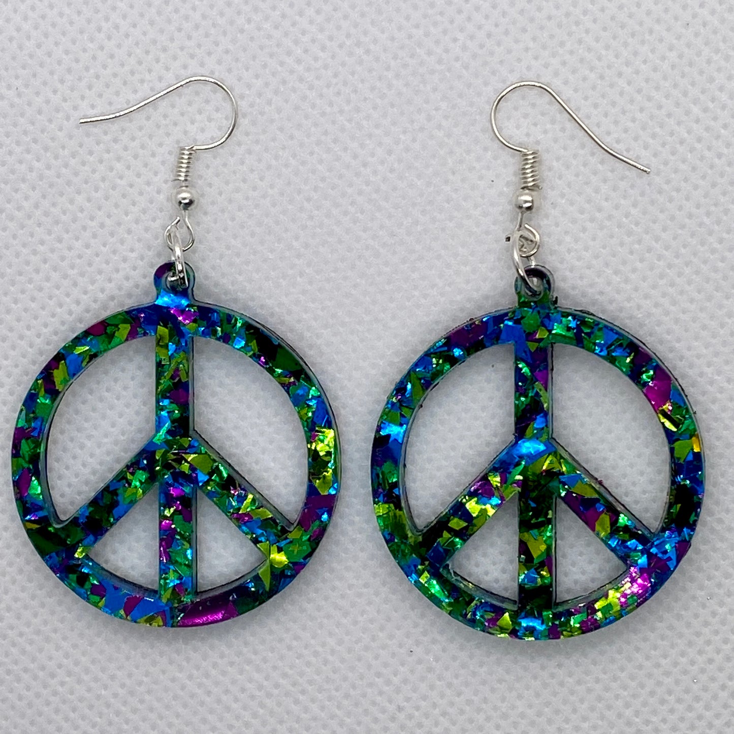Reversible Peacock/Multicolor Acrylic Peace Sign Earrings