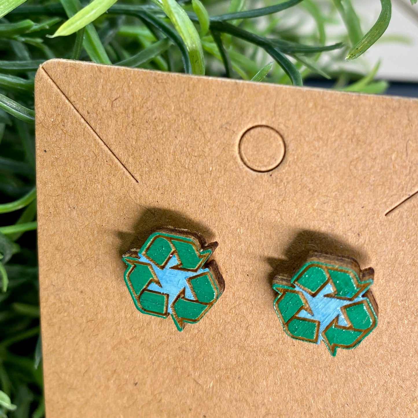 Recycle Symbol Wood Stud Earrings