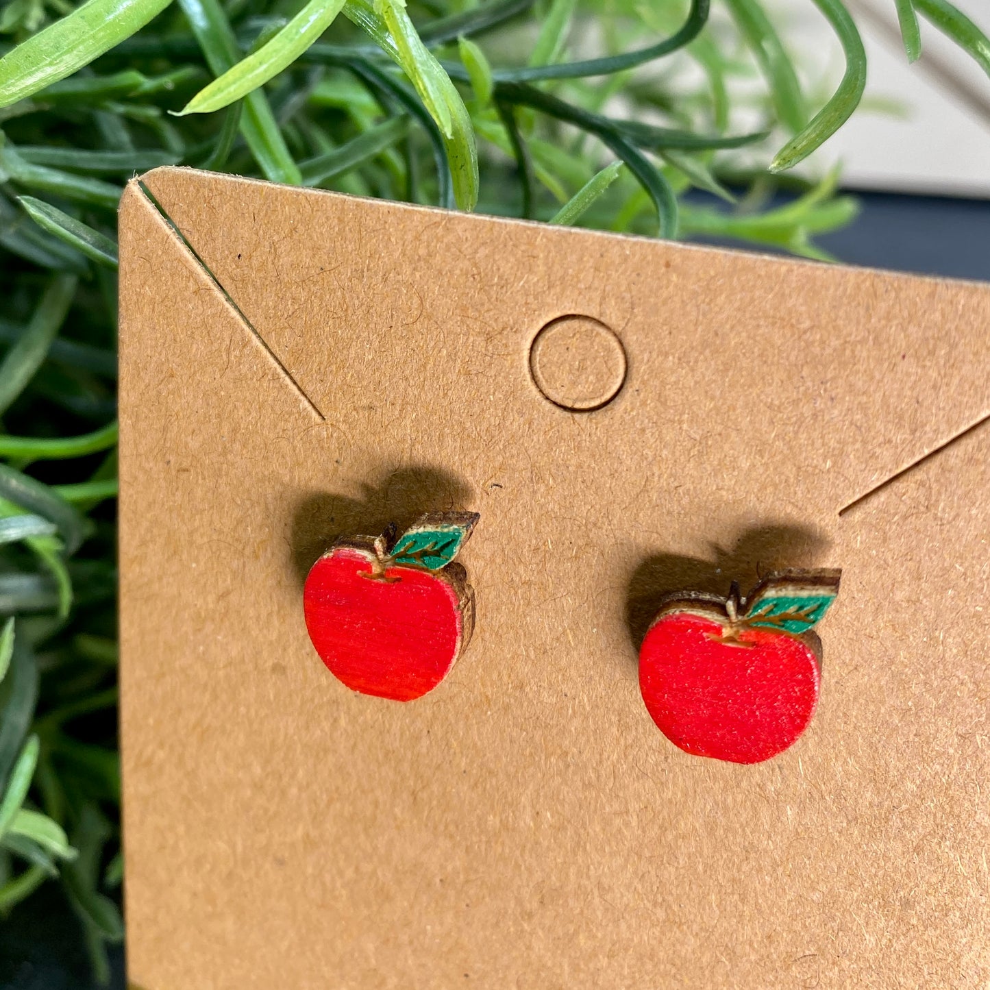 Red Apple Teacher Wood Stud Earrings