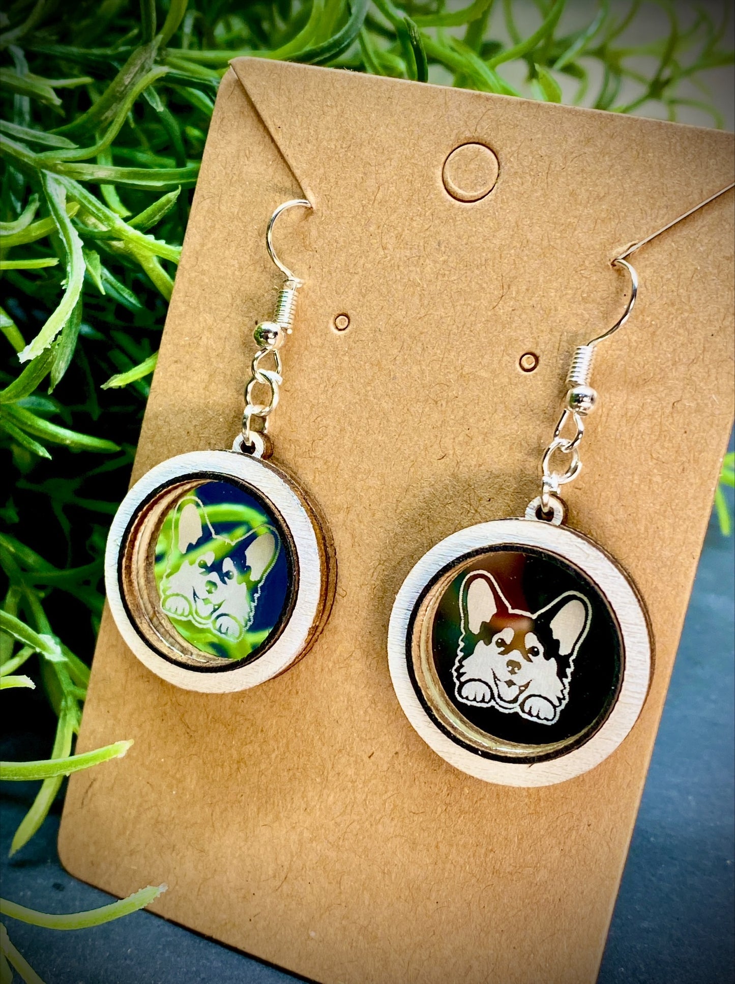 Happy Corgi Mirror and Wood Dangle Earrings